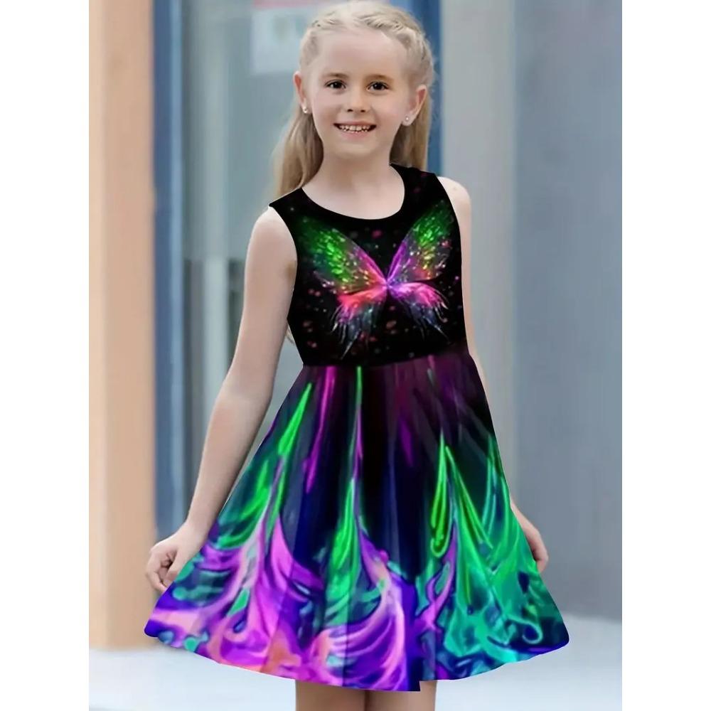 Fashion girls dresses summer new round neck vest style 3D printing princess skirt