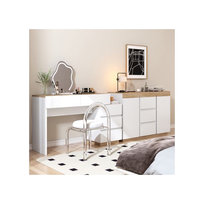 Bureau Avec 5 Tiroirs, Commode, Rangement, Pour Chambre À Coucher, Panneau De Particules E1, Blanc + Chêne