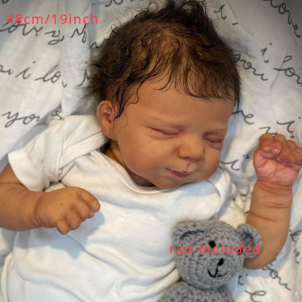 BZDOLL 48cm 19inch Reborn Baby Vinyl Asleep Black Skin Doll Soft Touch Cloth Body Newborn Bebe Girl Toy for Kids Gift Lifelike