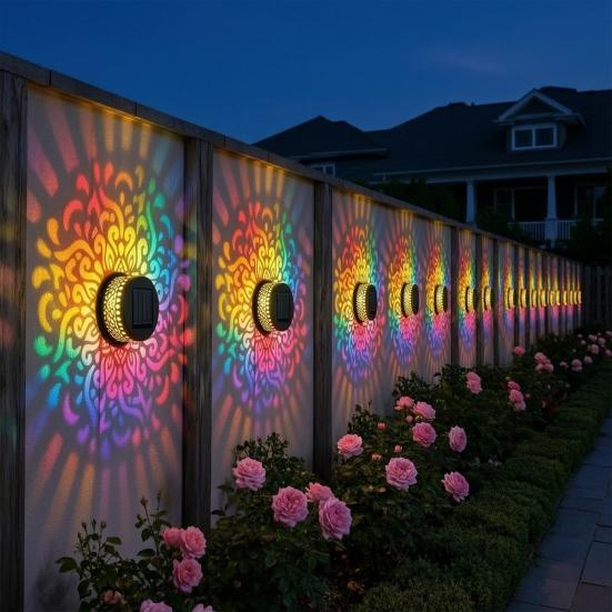 Solar Wall Light, 7 Color Changing Metal Fence Lamp with Projection, Outdoor Waterproof Garden Light for Yard Patio Column Decor