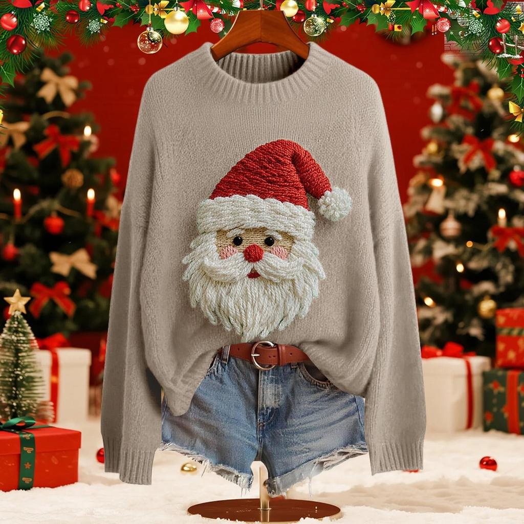 Women's Fashion Christmas Print Pullover Long-Sleeve  Neck Knit Sweater Top