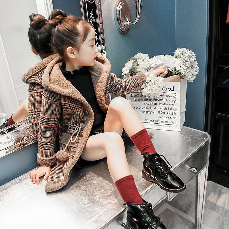 Fashion Autumn Winter Girls Hairy Coat Long Kids Outerwear Grid Pattern Warm Jacket Button Luxury Design Single-Breasted