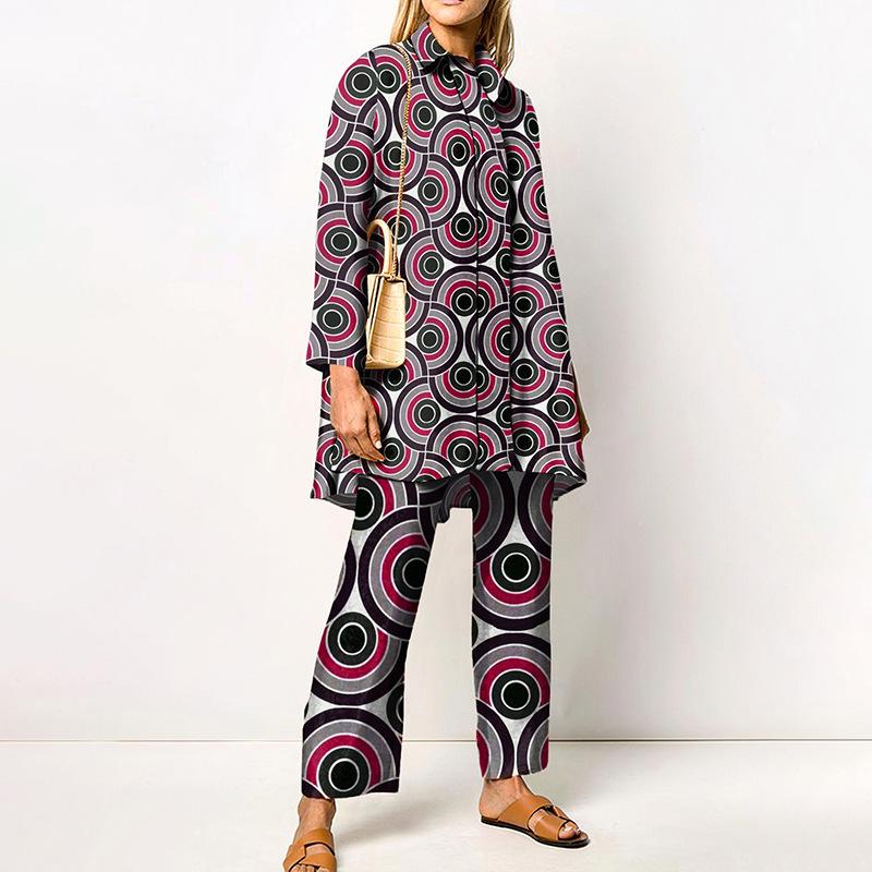 Grünes geometrisches Print Damenhemd und Wide Leg Hosen Kombinationsset