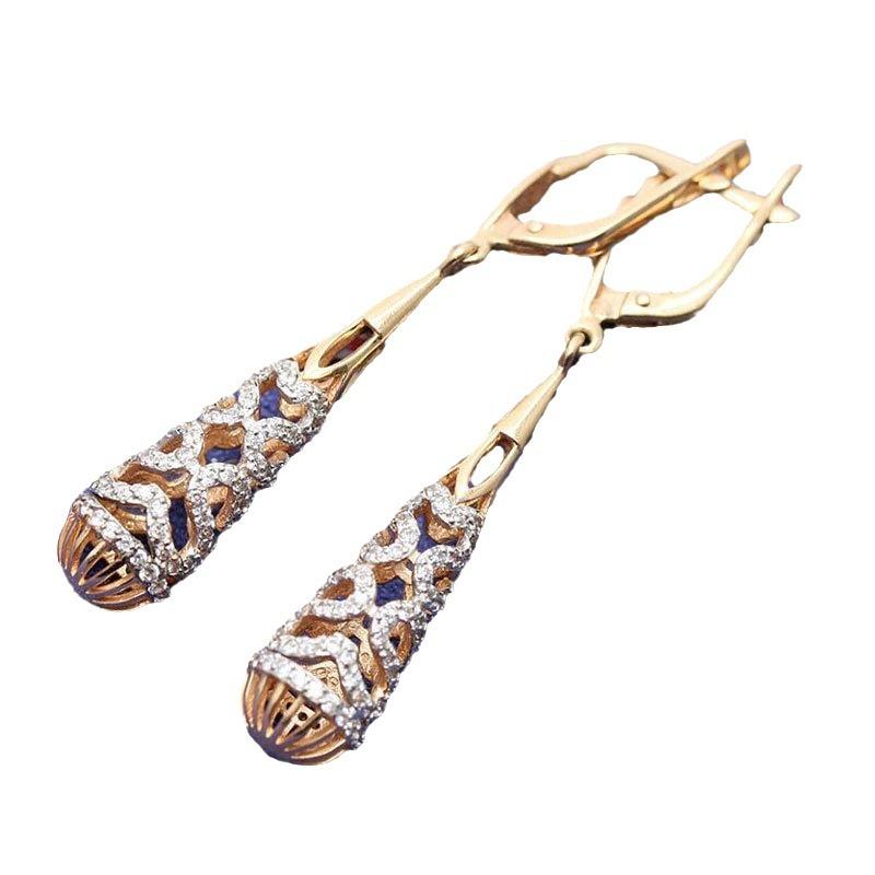 Exquisite Russian Purple Gold Water Drop Earrings, Classic Retro Rose Gold Plated Hollow Long Earrings Jewelry For Women