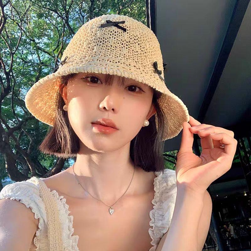 

Bow Hollow Fisherman Hat Wig Integrated Women Short Hair Detachable Summer Thin Sunscreen Bald Breathable Beige + short brown and black hair