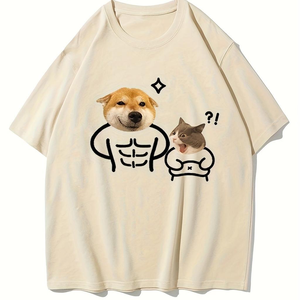 Funny Buff Dog Shocked Cat Meme Print T Shirt Unisex Short Sleeve Soft Cotton Internet Viral Humor Daily Casual Streetwear Tee Tops