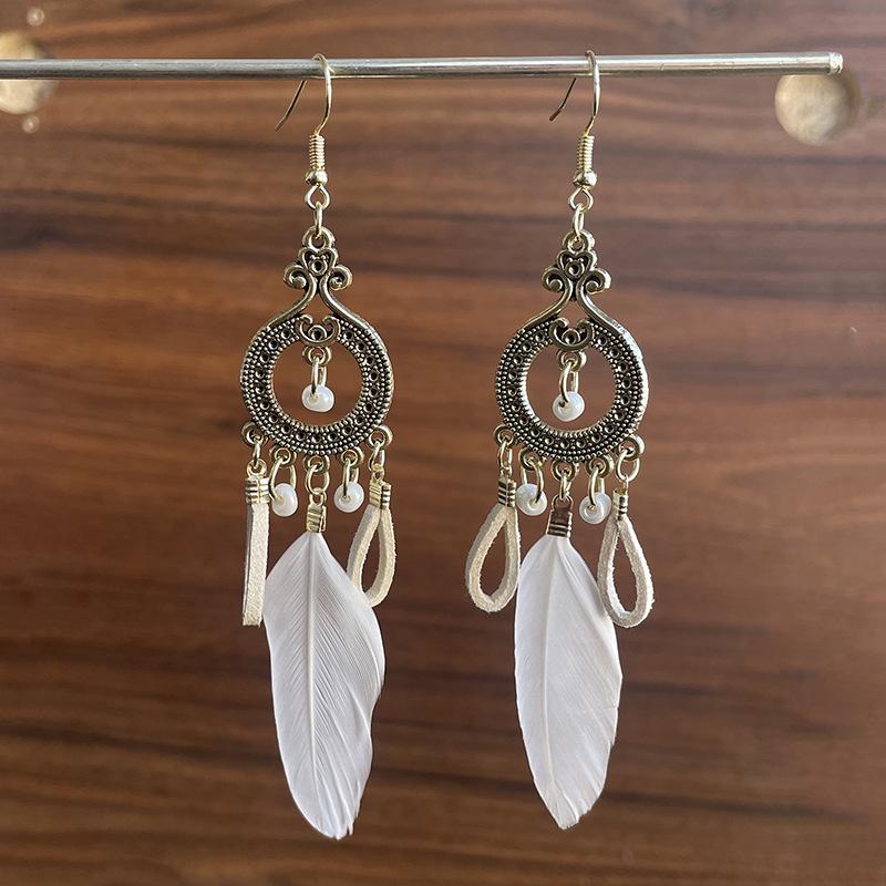 Trendy Ethnic Retro Multicolor Feather Beaded Circle Dangle Earrings