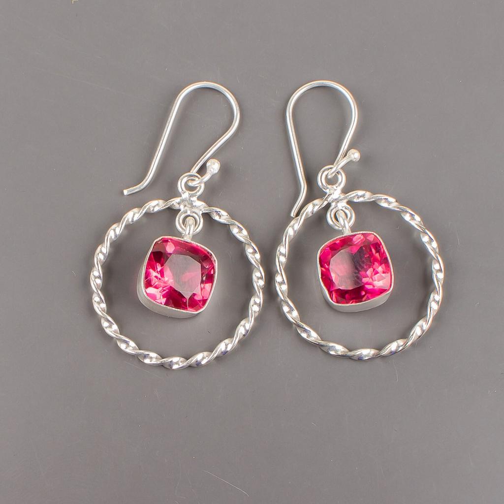 Pink Tourmaline Gemstone 925 Sterling Silver Jewelry Handcrafted Earrings 1.60" EE-60-17