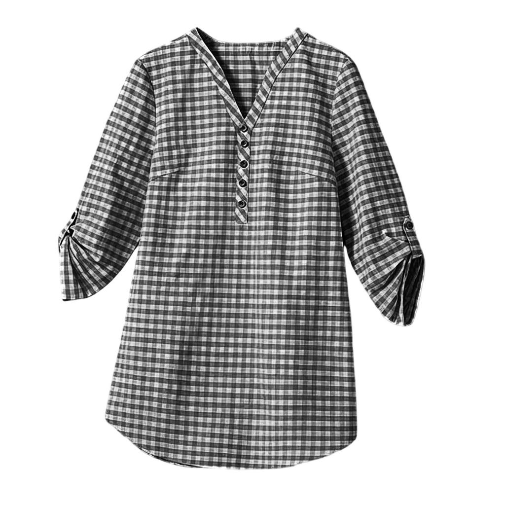 Women's Casual Plaid V Neck Long Sleeve Loose Fit Shirt Top