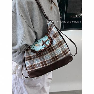 Korean Plaid Canvas Shoulder Bag Women's 2025 New Cute College Style Tote Bag Large Capacity Backpack