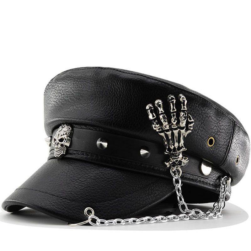 

Dark Rivet Skull Chain Leather Abby Beret Female Punk Gothic Hats Spice Girl Painter Hat Versatile Winter Hat