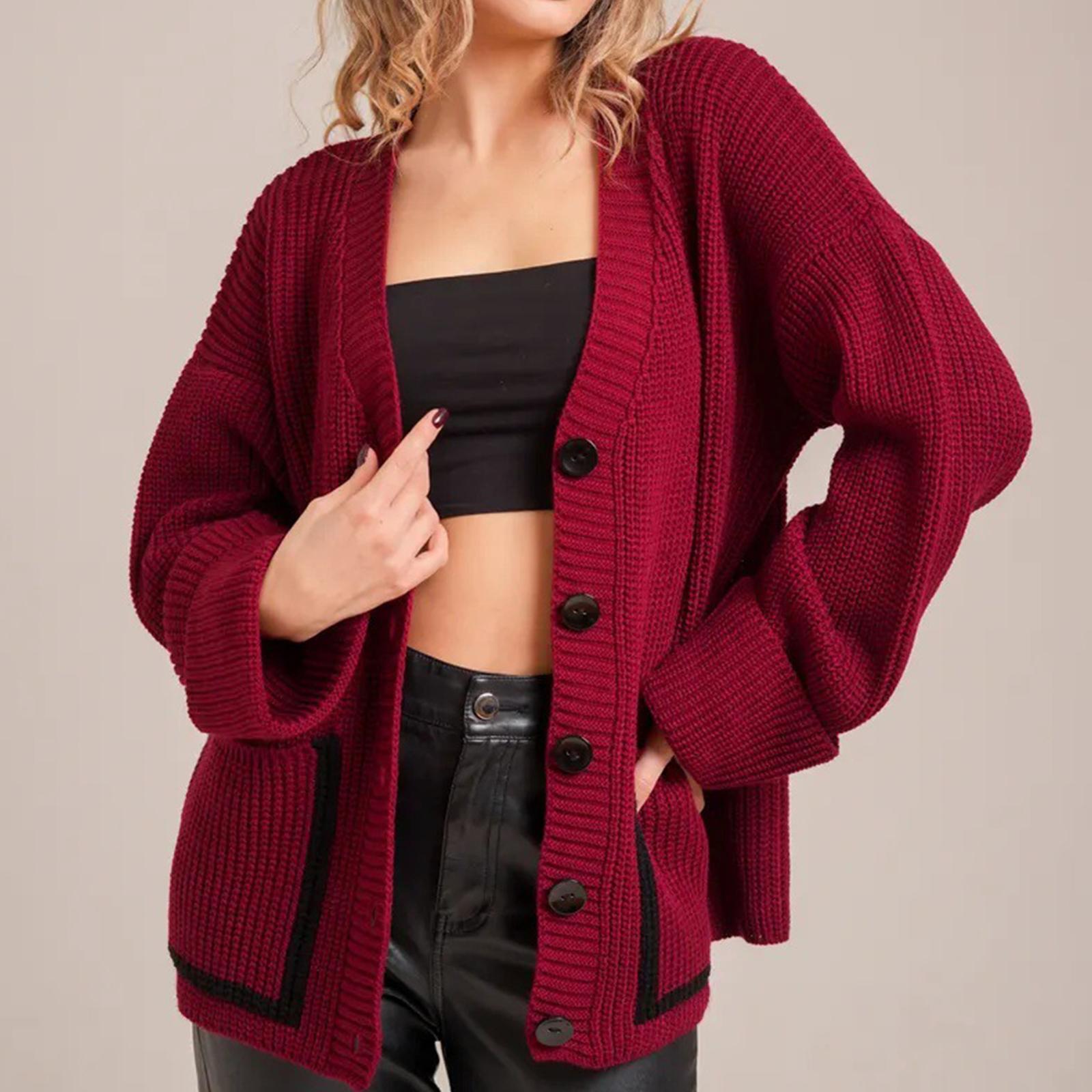 

Женский модный повседневный кардиган контрастного цвета, вязаный, с V-образным вырезом, куртка с длинными рукавами XL красный