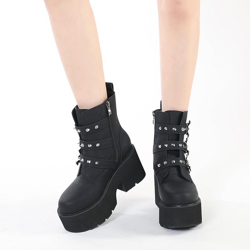 Fashion Women's Platform Goth Fashion Mid Calf Boots Punk Motorcycle Chunky High Heeled Shoes Women Leather Black Bat Buckle Ankle Botas