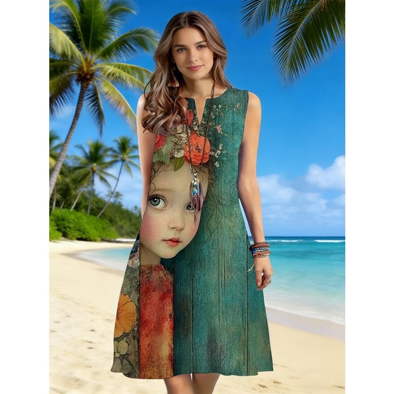 Women's Sleeveless -Neck -Line Midi Dress - Split Neck Beach Dress with Artistic Print
