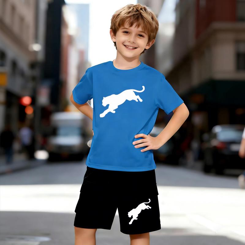 Completo da Ragazzo 2 Pezzi Stampa Leopardo Cartone Animato, Set T-shirt a Maniche Corte e Pantaloncini per Bambini Età 5-14 Anni, Abbigliamento Estivo Sportivo Casual Bianco e Nero