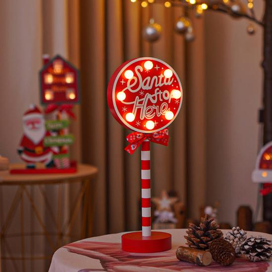 Christmas Street Sign Light with Bowknot Santa Stop Here North Pole Letter Vintage Reusable Xmas Holiday Decoration Desktop Guideboard LED Lamp