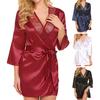 Women Nightdress Solid Color Satin Cardigan Lace Up Tight Waist Lady Nightie Female Intimate Clothes
