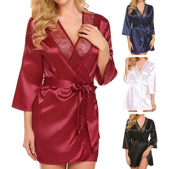 Women Nightdress Solid Color Satin Cardigan Lace Up Tight Waist Lady Nightie Female Intimate Clothes