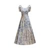 Blue Oil Painting Floral Dress Women's Summer New Square Neck Bubble Sleeves Waist Thin Medium and Long Skirt