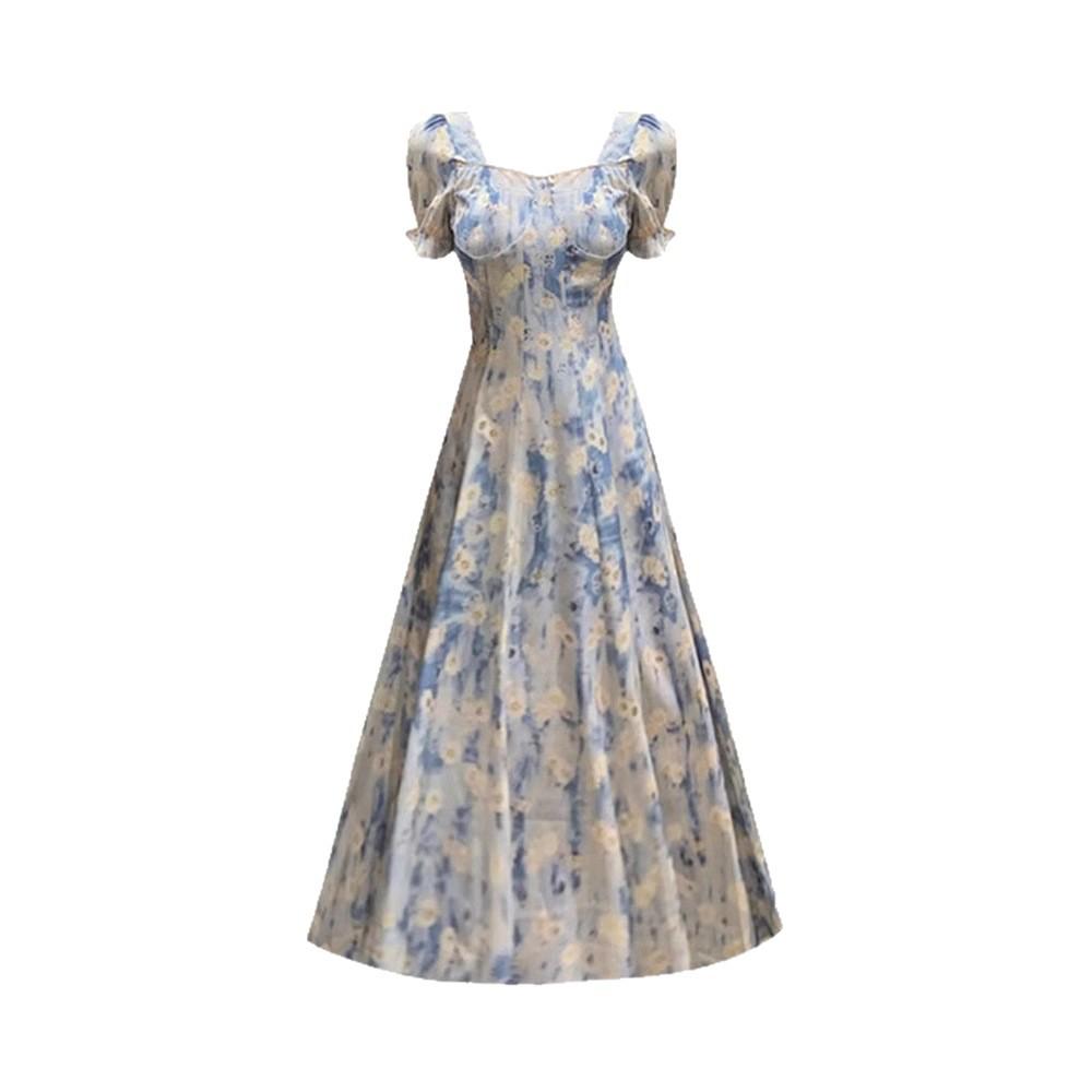 Blue Oil Painting Floral Dress Women's Summer New Square Neck Bubble Sleeves Waist Thin Medium and Long Skirt