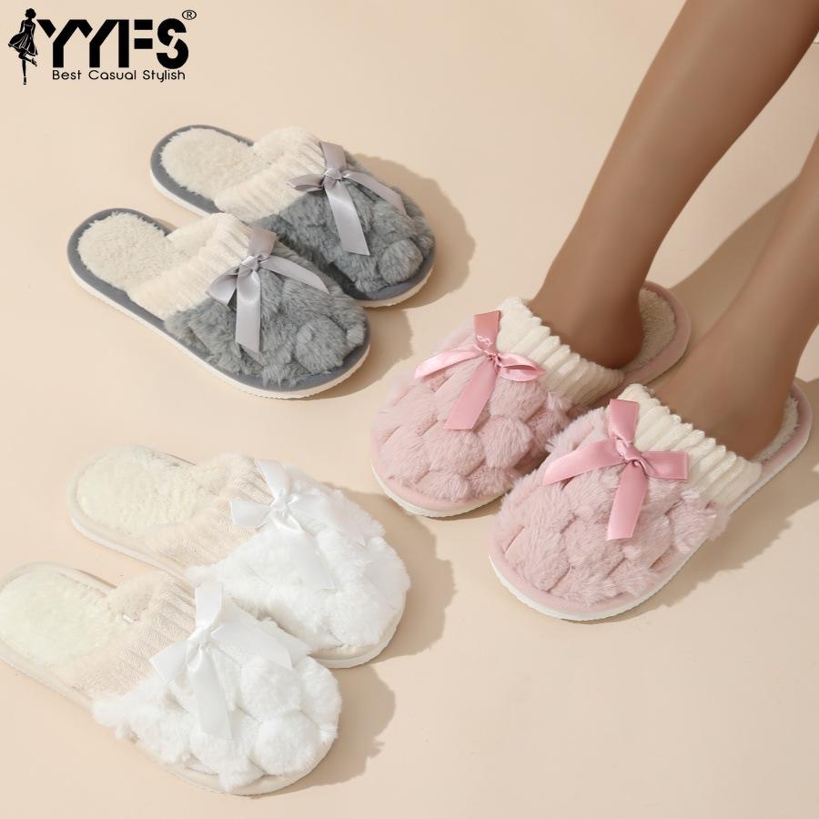 Теплые тапочки с украшением в виде банта повседневная плюшевая обувь с открытым носком удобные домашние тапочки 36-37 1194₽
