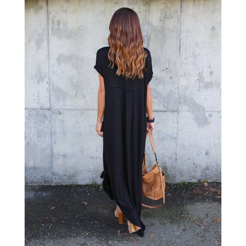 GMXIA Summer Solid Color Print V-neck Pocket Slit Dress