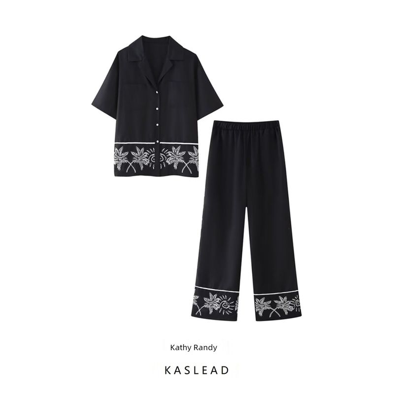 Kaslead New Arrival Women's Fashion Style Fashion Embroider Short Sleeve Shirt Casual Pants Suit