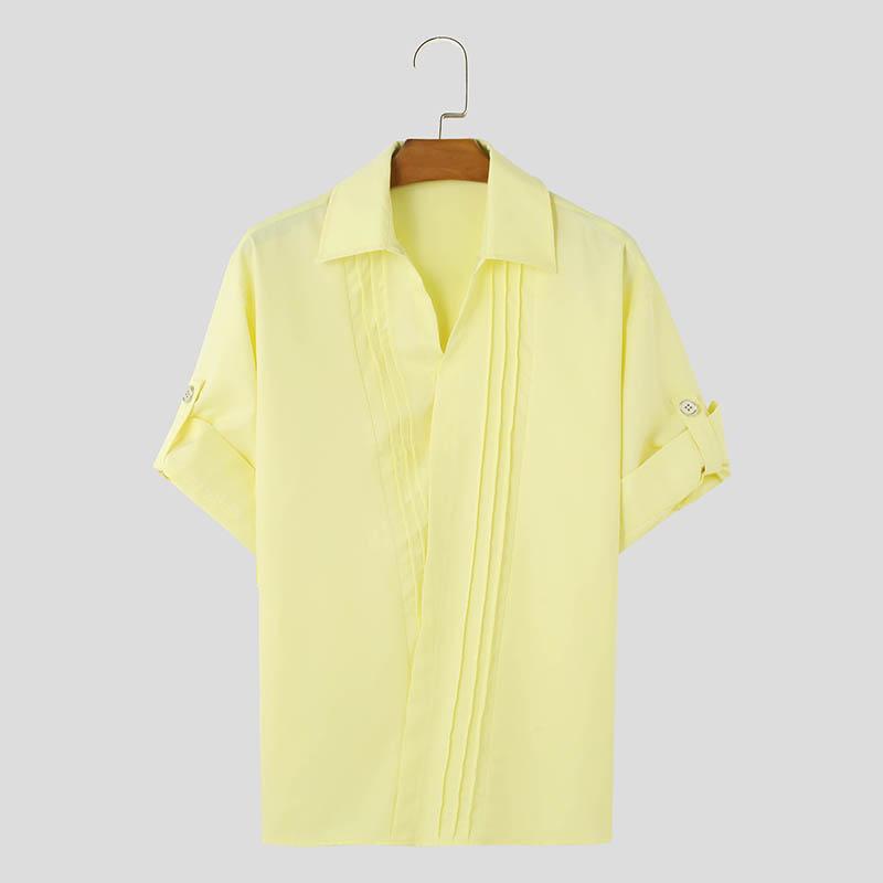 

INCERUN Мужские рубашки с коротким рукавом и складками, повседневные, с перекрестными бретелями спереди, однотонные топы XL