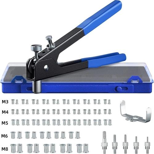 Hand Riveter Set, 86-Piece Set with M3, M4, M5, M6, and M8 Screws, Includes Rivet Set Nuts and Inserts, Screw Insertion Rivet Gun Tool, Steel and Alum