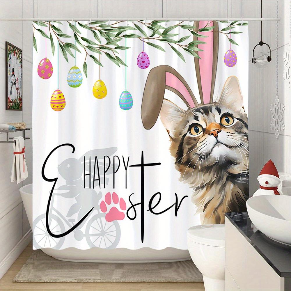 Easter Cat Eggs Shower Curtain Whimsical Tabby Bunny Ears Design Polyester Bath Decor with 12 Hooks Funny Easter Decor