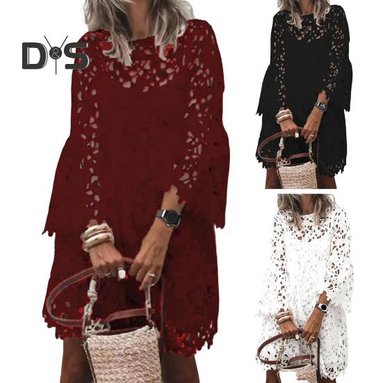 Rochie de toamnă, primăvară, pentru femei, cu dantelă, broderie cu flori, gât rotund, cu mâneci lungi, cu două straturi, culoare solidă, rochie midi etnică lejeră