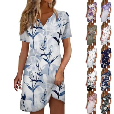 Damenmode Casual Printed Revers Button Kurzarm Kleidung Straps Kleid