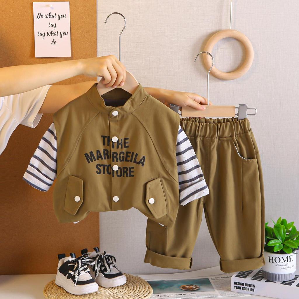 Dreiteiliges Langarmset für Jungen im Alter von 0 bis 5 Jahren, Kinder-Arbeitswesten-Set, Gestreiftes Oberteil+Arbeitshose