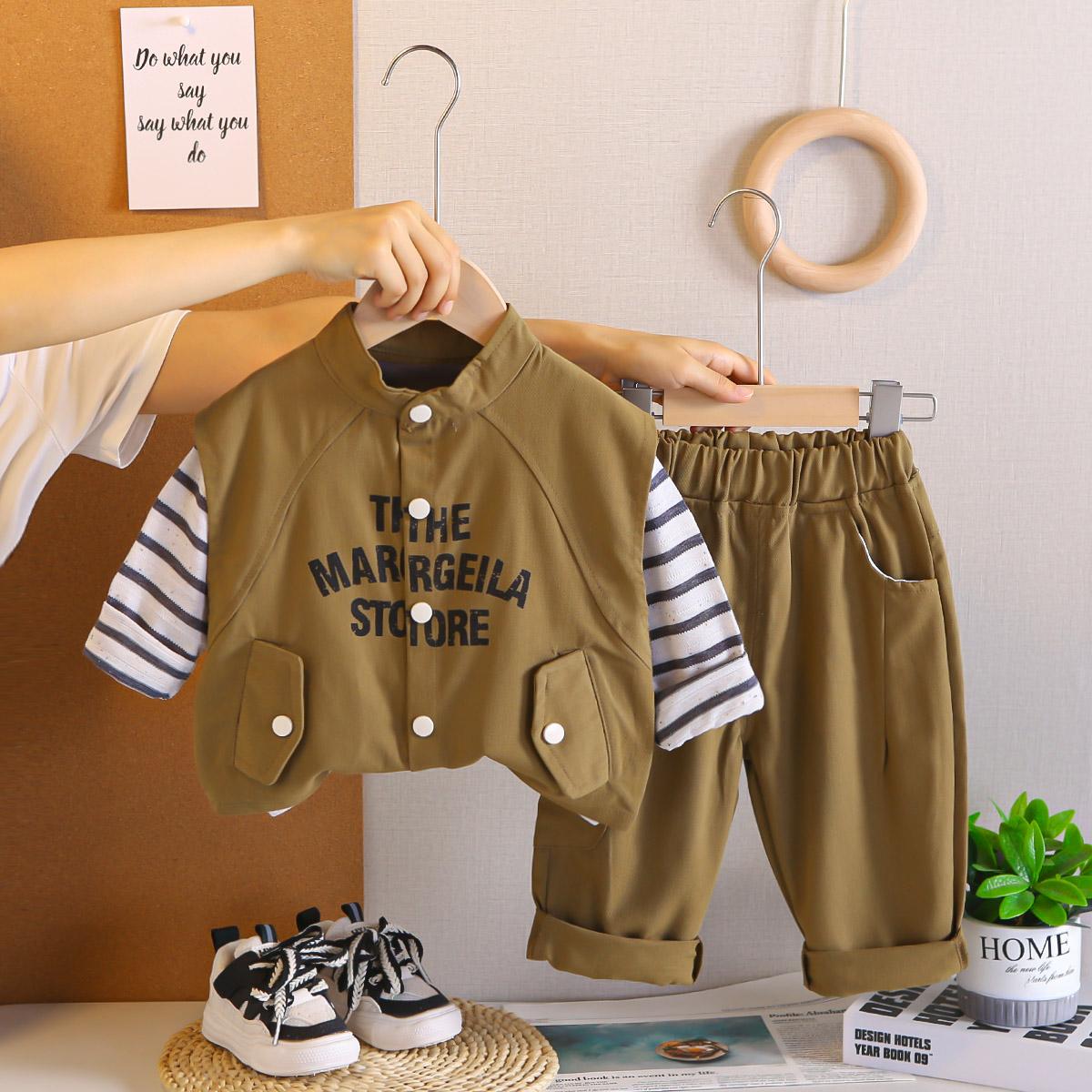 

Комплект из трех предметов с длинным рукавом для мальчиков 0-5 лет, Детский жилет в стиле рабочей одежды, Полосатый топ+брюки рабочей одежды XXL коричневый