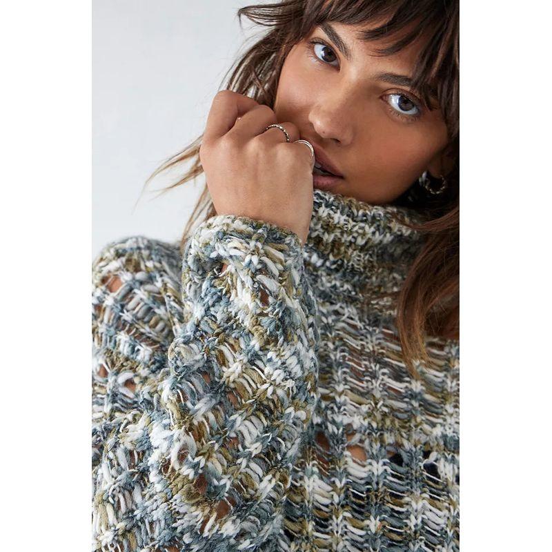 UO Women's Soft Cut Out British Retro Mixed Color Thick Thread Knitting Sweater