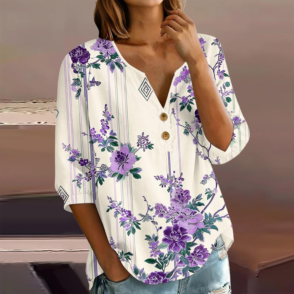 Women's Floral Print Henley Neck Button Front Shirt Three Quarter Sleeve Cotton Linen Blouse Casual Loose Fit