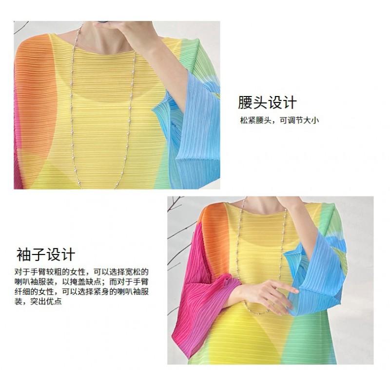 Geometric Print Pleated A-Line Midi Dress With Flared Sleeves Loose Fit