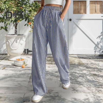 Damenhose, verstellbarer Kordelzug, elastische Taille, mittelhohe lange Hose mit Taschen, weites Bein, gestreifter Aufdruck, Freizeithose