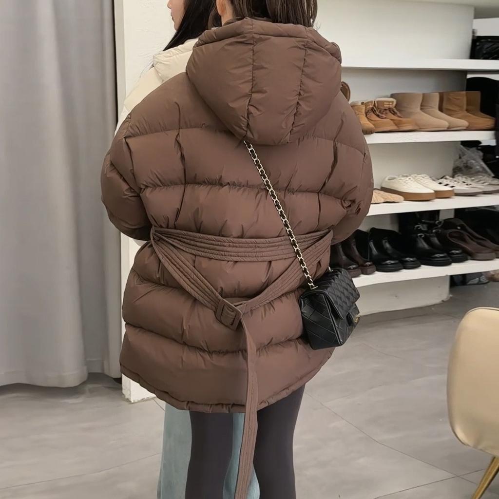 Women Autumn Winter Hooded Cotton Padded Jackets with Belt Solid Female Thin Windproof Puffer Coat Loose Snow Overcoat