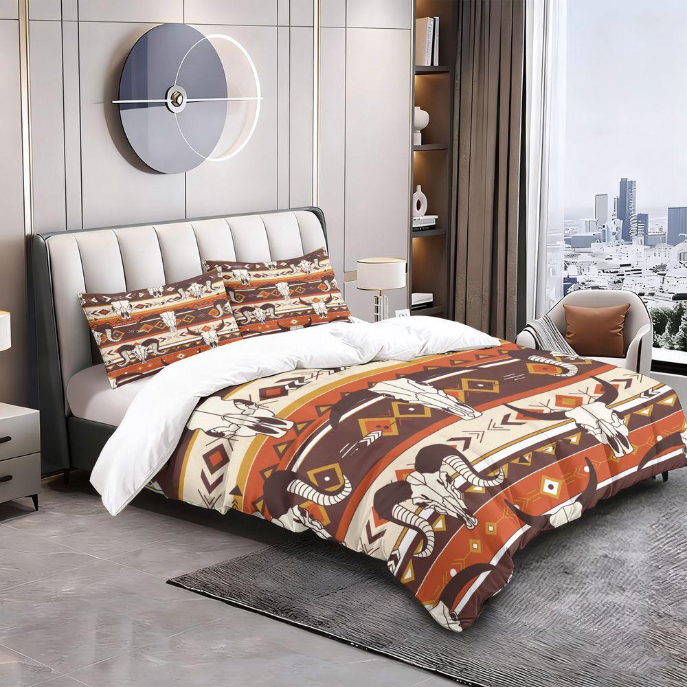 Western Skull Print Duvet Cover Set (1 Duvet Cover & 1/2 Pillowcase) Tribal Boho Bedding Set for Bedroom Decor Gift