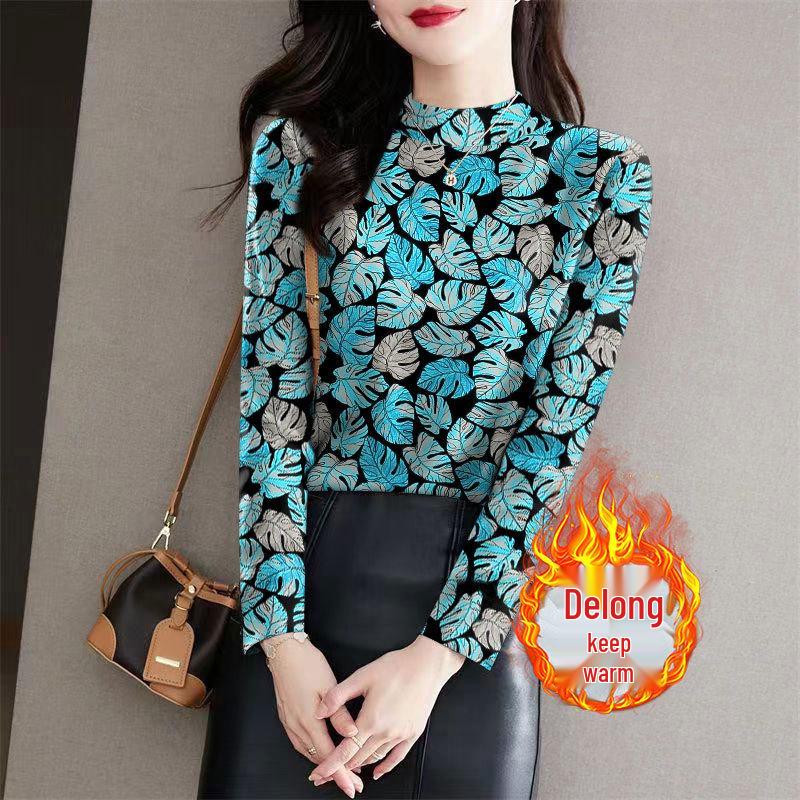 

Women s Floral Ribbed Fleece Base Layer Top, Long Sleeve with Half-High Neck, Slimming Design for Mature Women. L (90-105 jin)