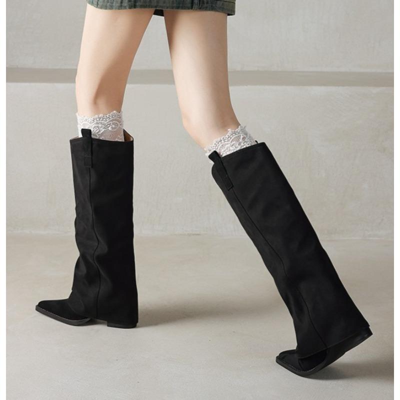 Knee High Heels Women Boots Leather Chunky Fashion Shoes Pointed Toe Snow Long Boots New Designer Pumps Punk Chelsea Botas Mujer