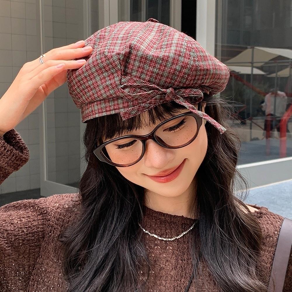 Korean Style Women Painter Hat Bow Women Octagonal Cap Sweet Plaid Beret Hat  Girl