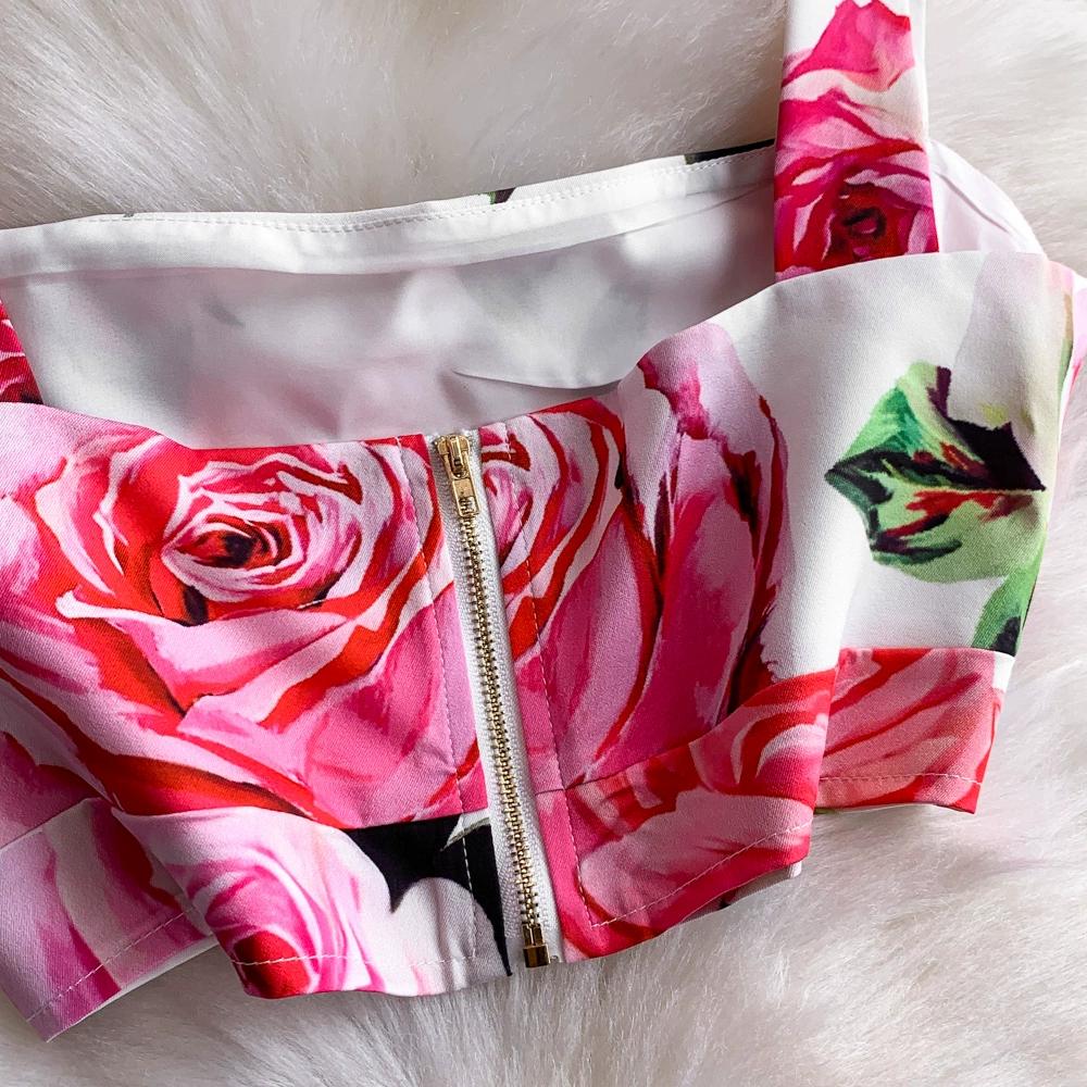 Summer Designer Rose Print Runway 2 Piece Set Women's Spaghetti Strap Vest Tops And Long Midi Skirt Holiday Beach Suit