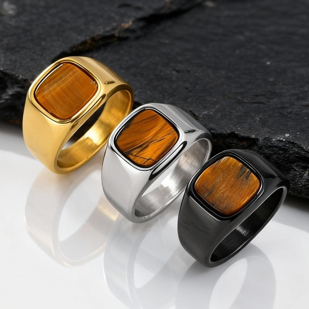 Tiger Eye Stone Signet Ring for Men,Stainless Steel Brown Natural Stone Ring,Rock Punk Cool Fashion Jewelry Gift