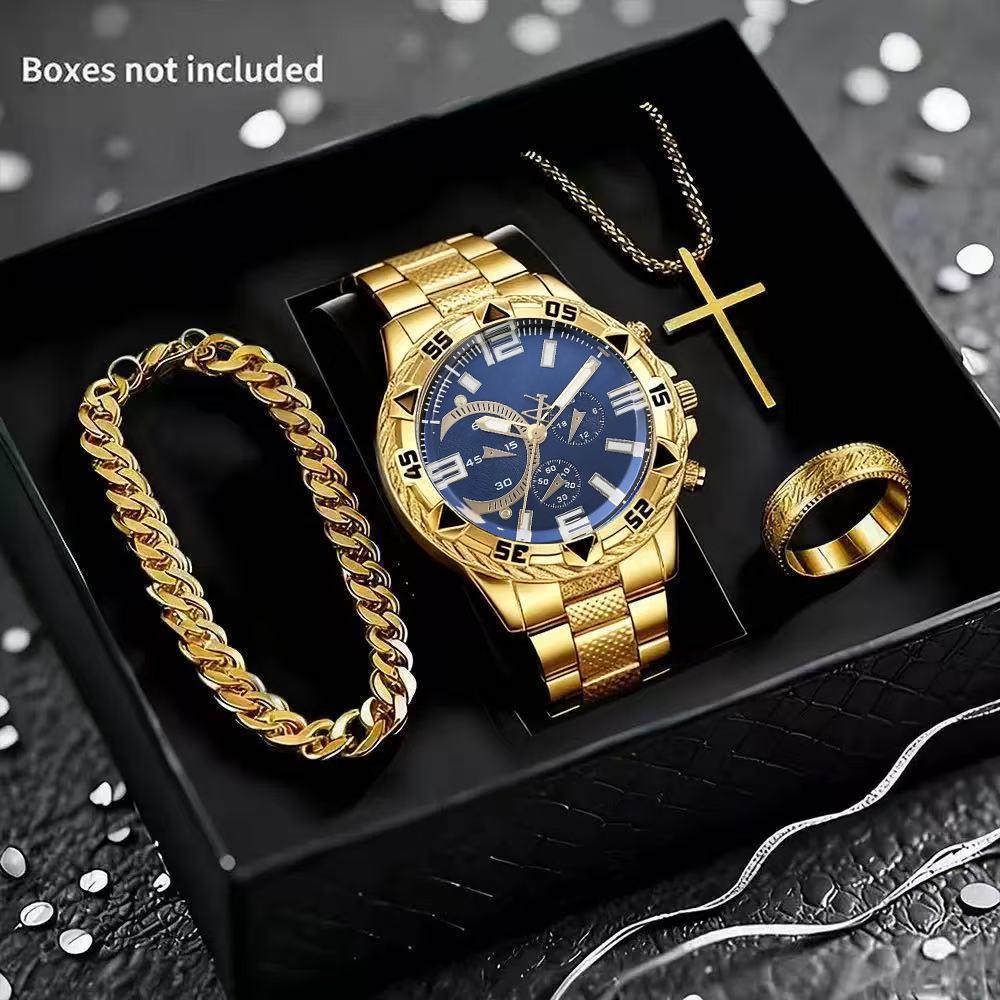 Men S Fashion Blue Light Large Dial False Three-Eye Steel Belt Quartz Watch Wrist Watch