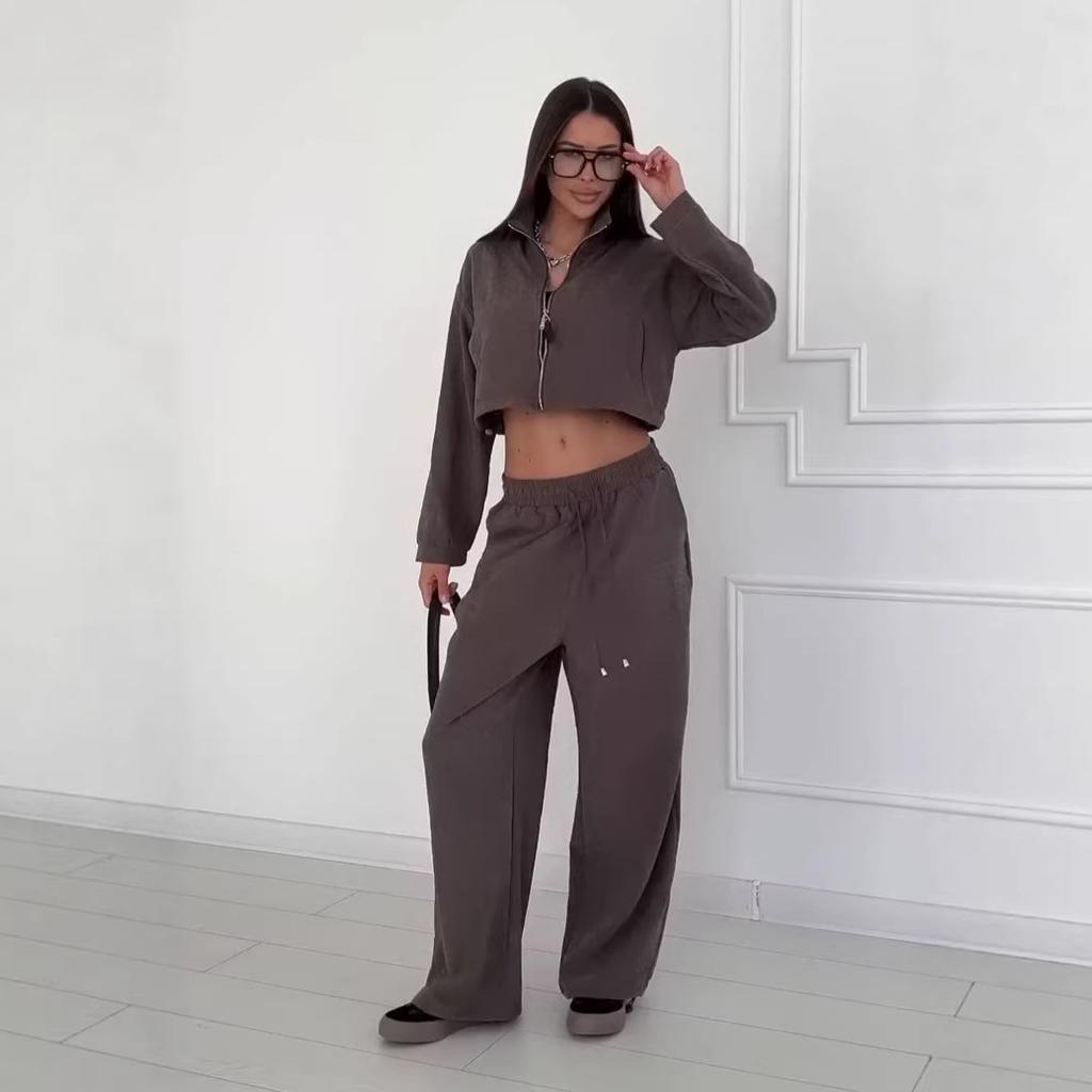 26 Europe, America, Amazon cross-border women's clothing new casual sports style zipper short top wide-leg pants set