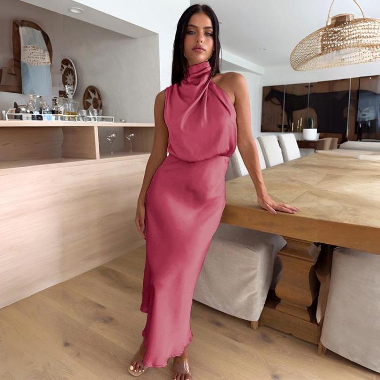 

Женское однотонное платье до щиколотки с высоким поясом, халтер, на тонких бретелях, с высоким воротником XL розы красного