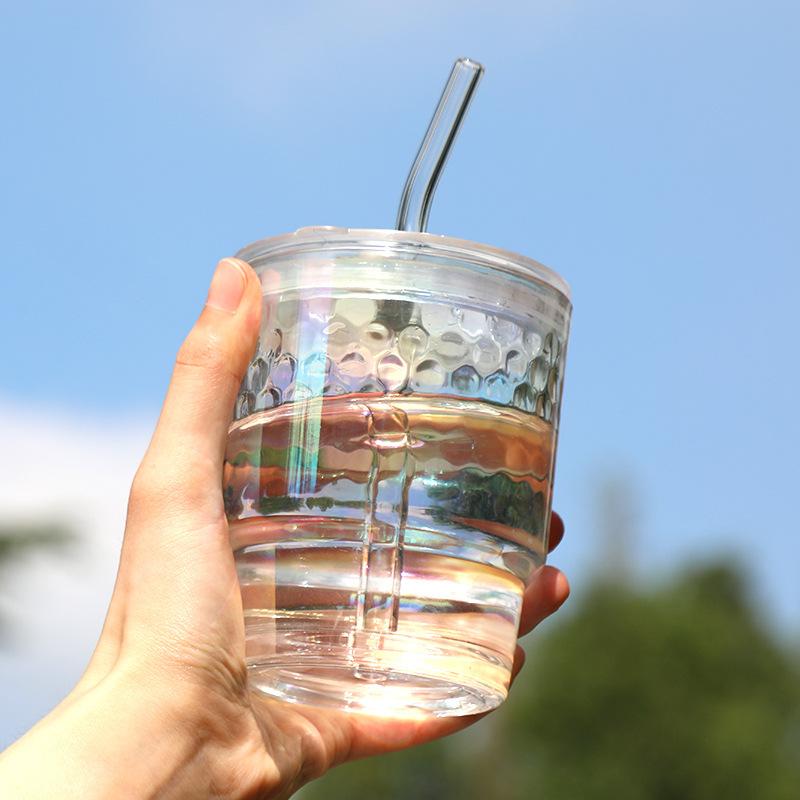Tasse en Bambou Laser Colorée, Tasse à Eau en Verre pour Bureau, Tasse à Café Simple pour Boisson Ménagère avec Couvercle, Tasse à Paille Transparente