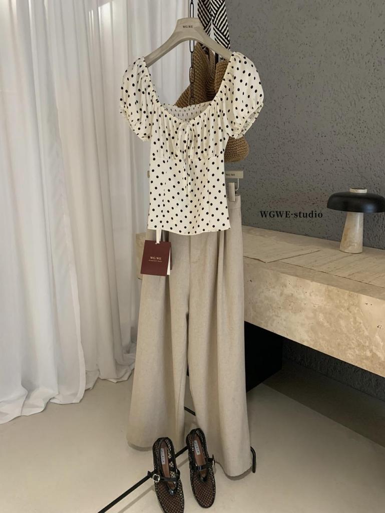 Guangzhou Women's Polka Dot Short Sleeve Square Neck Tie Shirt - Autumn/Winter Trendy